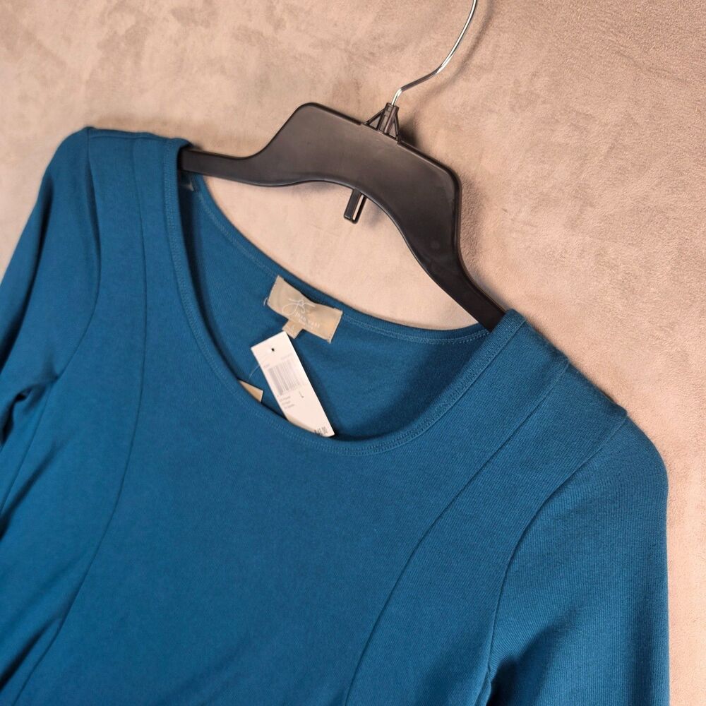 Joan Vass NWT Women's Teal Blue Scoop Neck Long Sleeve Swing Tunic Top Size L